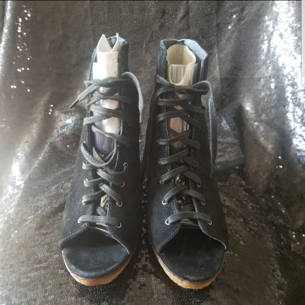 UGG black open toe lace-up bootie. Size 10. 3¾ inch wedge heel.